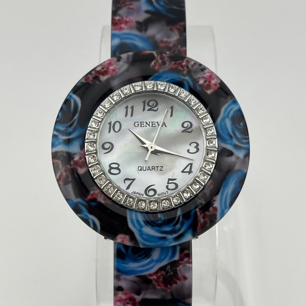 Geneva Watch Women 39mm Case Open Cuff Floral Band MOP Dial- New Battery